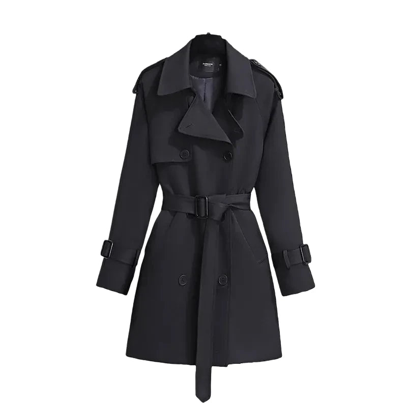 Classic Double-Breasted Belted Trench Coat for Women | Elegant Long Coat – Beige & Black