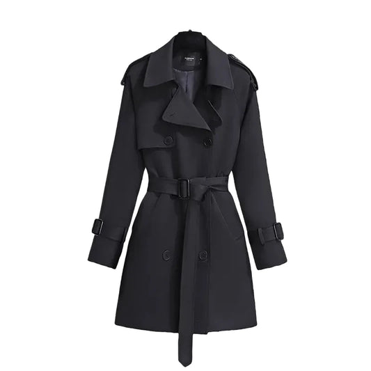 Classic Double-Breasted Belted Trench Coat for Women | Elegant Long Coat – Beige & Black