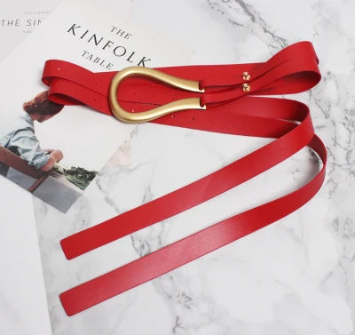 Luxury Sculpted Gold Buckle Waist Belt for Women | Adjustable Leather Belt in Red & Brown