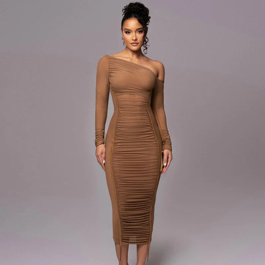 Elegant One-Shoulder Ruched Midi Dress – Sculpted Silhouette Luxury Dress