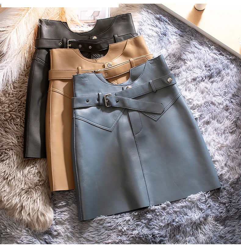 Women’s Genuine Sheepskin Leather Mini Skirt – High Waist Belted Office Chic Skirt