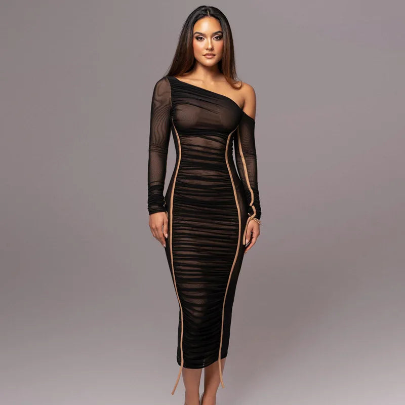Elegant One-Shoulder Ruched Midi Dress – Sculpted Silhouette Luxury Dress