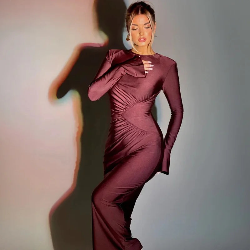 Solid Slim Fitted Maxi Dress/Color Neck Square/Shoulder Bell Sleeve/Ruched Knitted/Thin Ankle-Length for Bodycon Dress.
