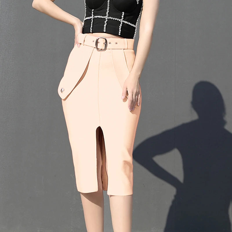 Lace up knotted Skirt/Solid Bodycon/High Waist Bandage Skirt Knee Length Midi Pencil Office Party Club Elegant Skirts Clothing