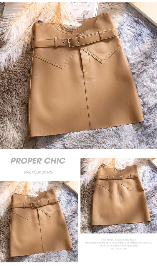 Women’s Genuine Sheepskin Leather Mini Skirt – High Waist Belted Office Chic Skirt