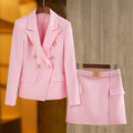 New Arrival Elegant Blossom Pink Office Work Suit/Double-breasted Long Sleeve Fitted Blazer/A-line Pencil Mini Skirt Women 2Pcs Set.