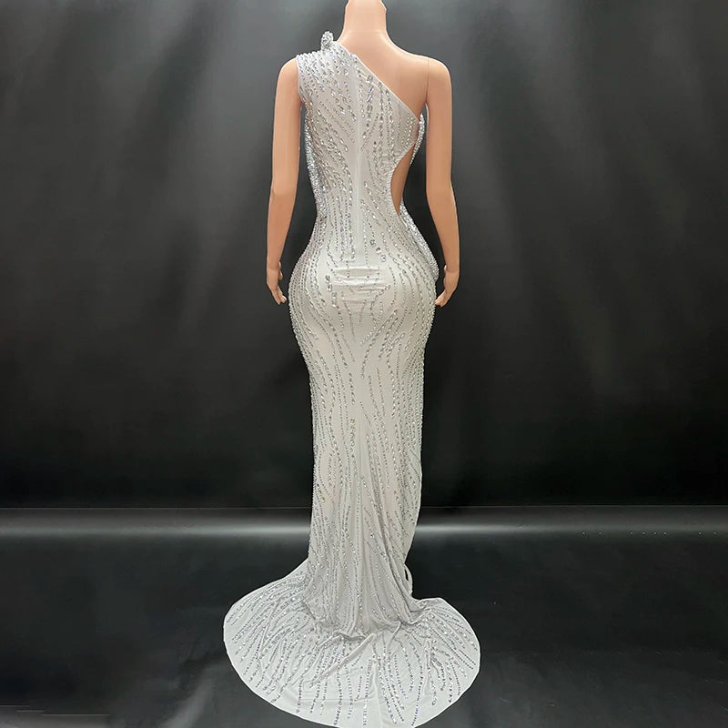 Novance Sparkle Rhinestones Dress/One Shoulder Slit Evening Dress/Floor Length Backless Slit Luxury Event Dress.