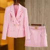 New Arrival Elegant Blossom Pink Office Work Suit/Double-breasted Long Sleeve Fitted Blazer/A-line Pencil Mini Skirt Women 2Pcs Set.