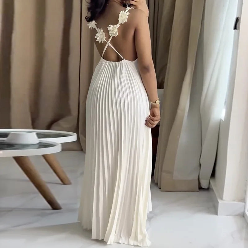Modern Pleated Maxi Dress with Floral Strap Detail – Elegant Flowing Summer Dress – Backless A-Line Vacation Dress