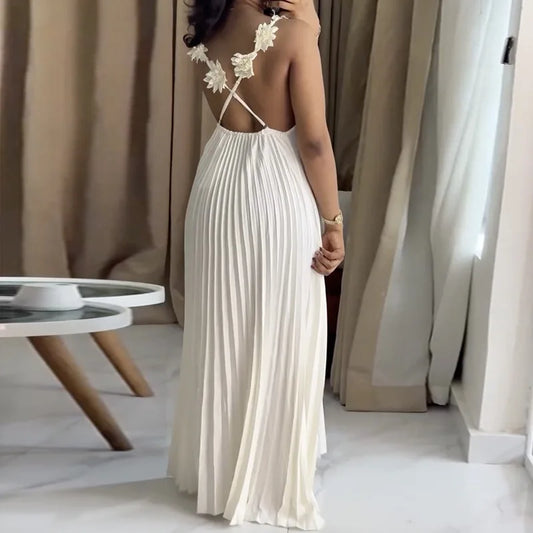 Modern Pleated Maxi Dress with Floral Strap Detail – Elegant Flowing Summer Dress – Backless A-Line Vacation Dress