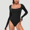 Luxury Long Sleeve Square Neck Bodysuit for Women – Slim Fit Stretch Bodycon Top | Modern Blend Boutique