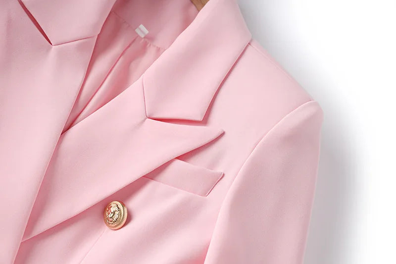 New Arrival Elegant Blossom Pink Office Work Suit/Double-breasted Long Sleeve Fitted Blazer/A-line Pencil Mini Skirt Women 2Pcs Set.