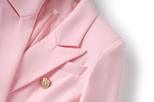 New Arrival Elegant Blossom Pink Office Work Suit/Double-breasted Long Sleeve Fitted Blazer/A-line Pencil Mini Skirt Women 2Pcs Set.