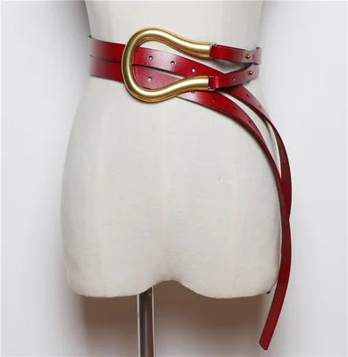 Luxury Sculpted Gold Buckle Waist Belt for Women | Adjustable Leather Belt in Red & Brown