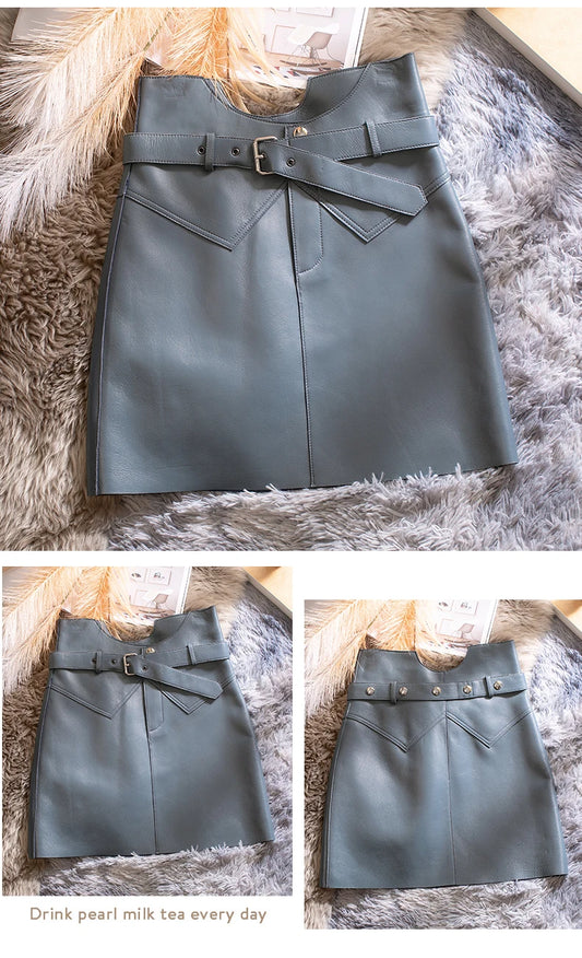 Women’s Genuine Sheepskin Leather Mini Skirt – High Waist Belted Office Chic Skirt