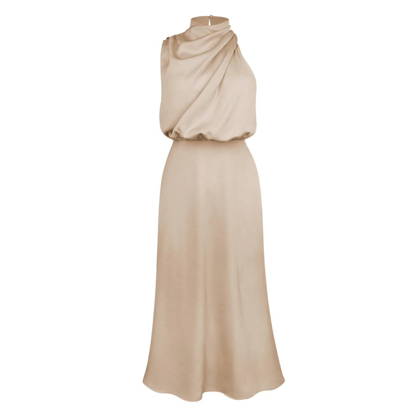 Elegant Satin Halter Midi Dress for Women – Luxury High Neck Sleeveless A-Line Party & Wedding Guest Dress | Modern Blend Boutique