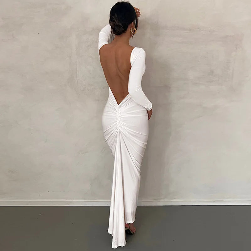 Long-Sleeve Backless Bodycon Maxi Dress Solid Cuched Sexy Design/Natural Digital.