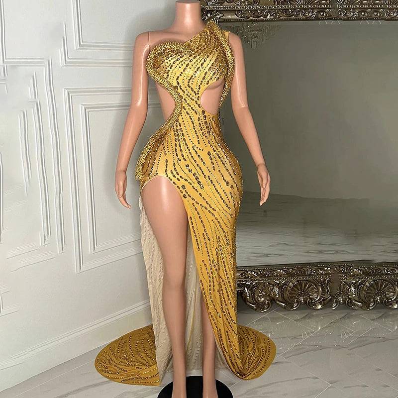 Novance Sparkle Rhinestones Dress/One Shoulder Slit Evening Dress/Floor Length Backless Slit Luxury Event Dress.