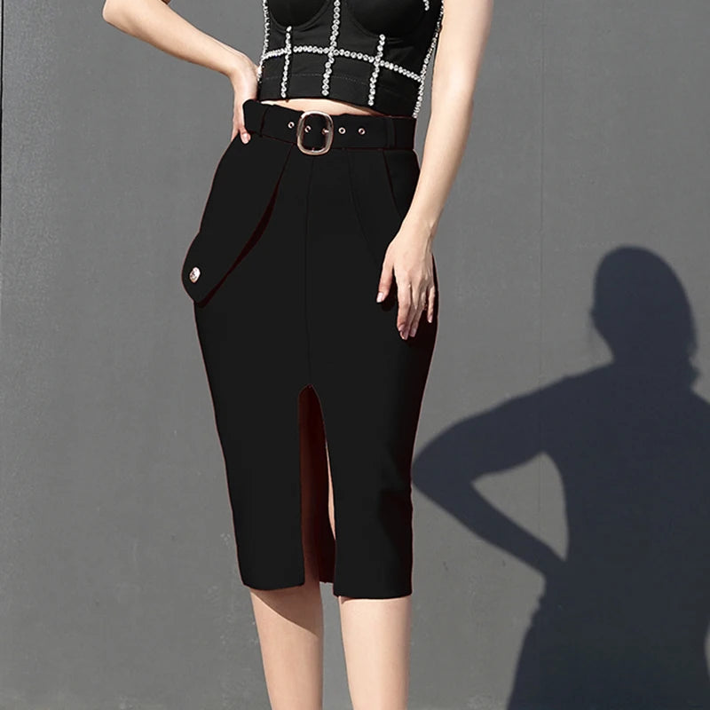 Lace up knotted Skirt/Solid Bodycon/High Waist Bandage Skirt Knee Length Midi Pencil Office Party Club Elegant Skirts Clothing