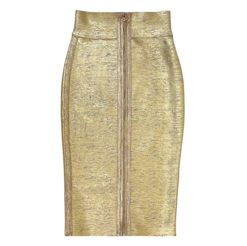 Gold Metallic High-Waist Bodycon Midi Skirt for Women – Stretch Fitted Pencil Skirt