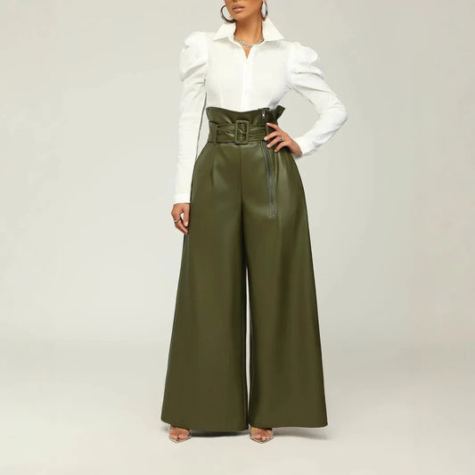 Luxury Olive Green High-Waist Belted Wide-Leg Trousers – Elegant PU Leather Paperbag Pants for Women with Statement Belt