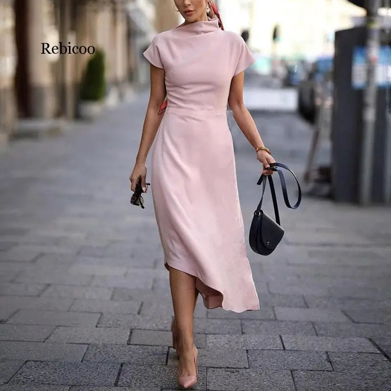 Short Sleeve Solid Midi Dress/England Style Chic Wear/Asymmetrical Dress/Solid Cow Neck Designed/Daywear Dress/Belt not Included.