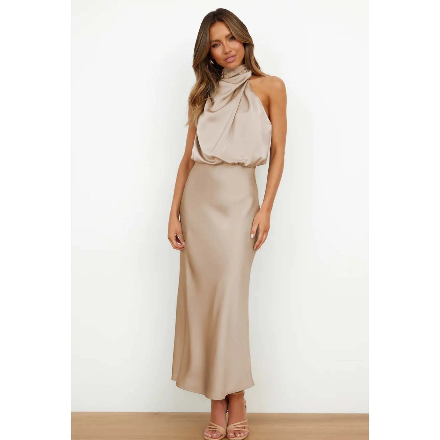 Elegant Satin Halter Midi Dress for Women – Luxury High Neck Sleeveless A-Line Party & Wedding Guest Dress | Modern Blend Boutique