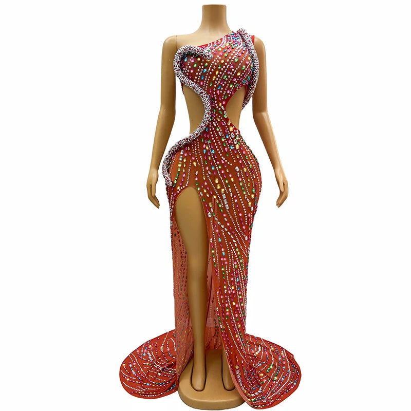 Novance Sparkle Rhinestones Dress/One Shoulder Slit Evening Dress/Floor Length Backless Slit Luxury Event Dress.