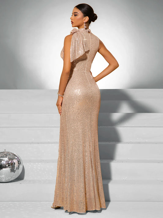 Customized Elegant Women's Dress/Floor-Length Spaghetti Strap Ball Gown/High Slit Backless Sequin High Quality Sleeveless for Parties.