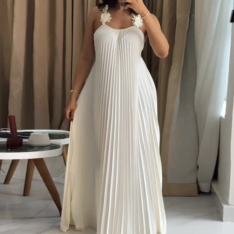 Modern Pleated Maxi Dress with Floral Strap Detail – Elegant Flowing Summer Dress – Backless A-Line Vacation Dress