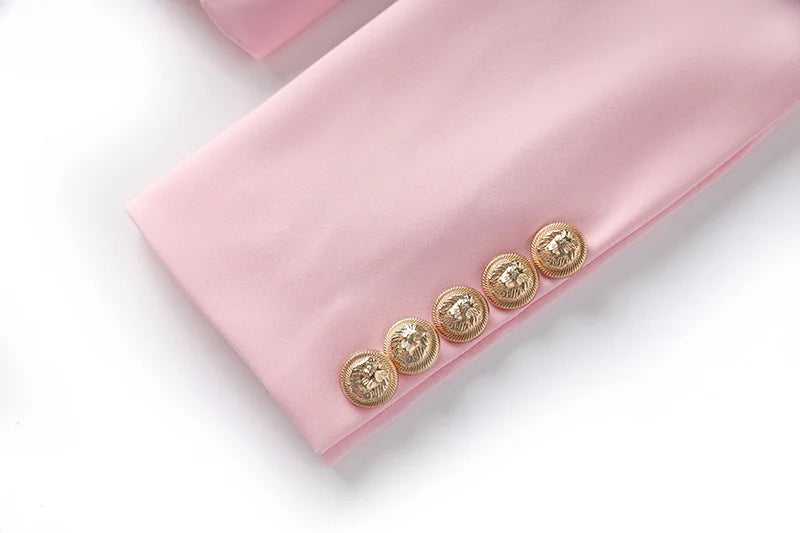 New Arrival Elegant Blossom Pink Office Work Suit/Double-breasted Long Sleeve Fitted Blazer/A-line Pencil Mini Skirt Women 2Pcs Set.