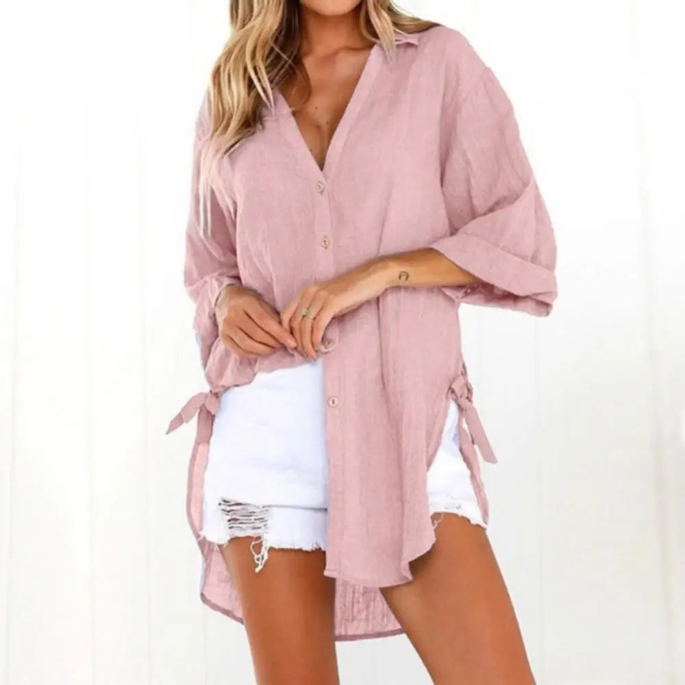 Oversized Button Down Blouses/Linen Shirts Women/Irregular Hem Belt Buttons Top/Woman Turn Down Collar.