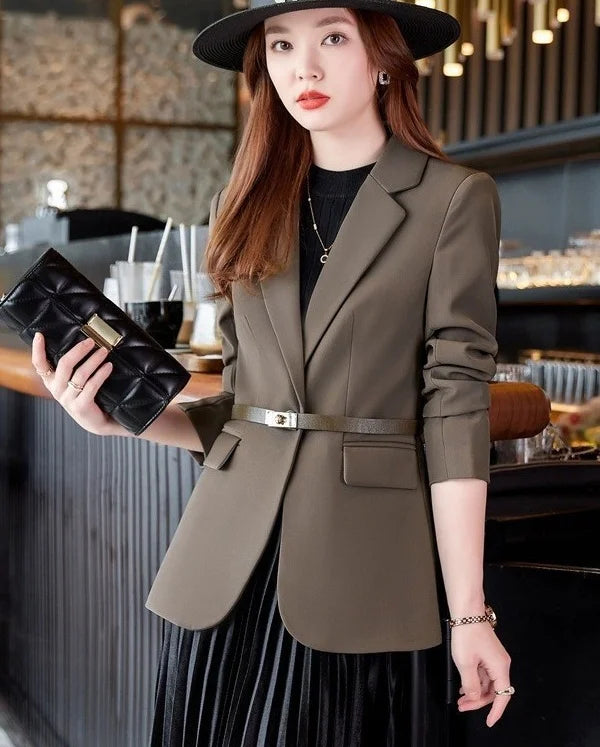 Formal Suited Knitted Blazer/Long Sleeved With Belt/Office Lady Jacket/Solid Colored Suit/Lapel V-neck Elegant Wear.