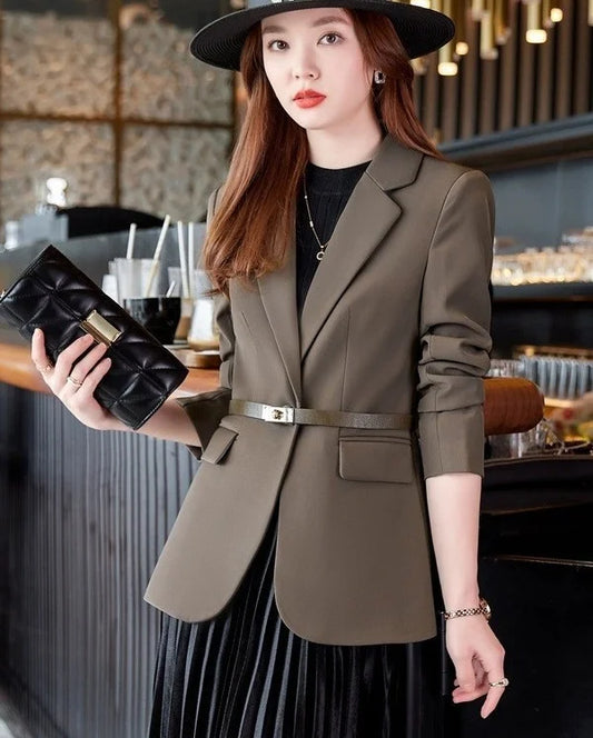 Formal Suited Knitted Blazer/Long Sleeved With Belt/Office Lady Jacket/Solid Colored Suit/Lapel V-neck Elegant Wear.