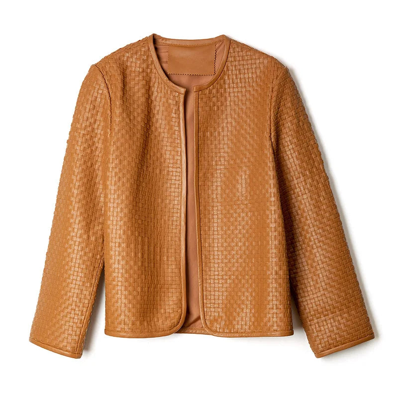 Genuine Leather Jacket/Women Stylish Vintage Jacket/Hand-Woven Sheepskin/O-Neck Cardigan Plaid Coat Outwear.