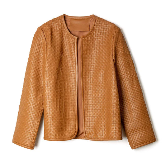 Genuine Leather Jacket/Women Stylish Vintage Jacket/Hand-Woven Sheepskin/O-Neck Cardigan Plaid Coat Outwear.