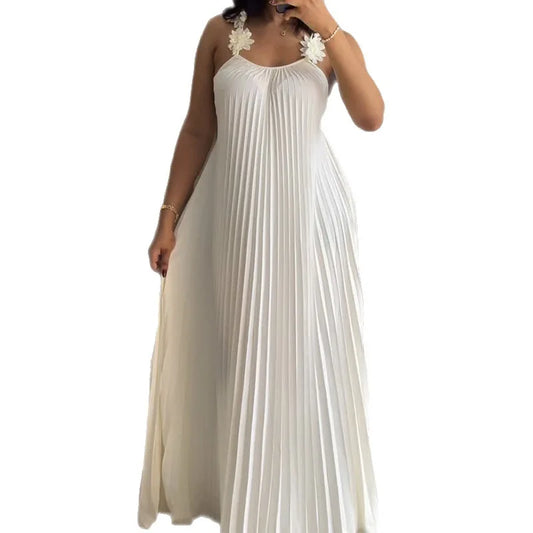 Modern Pleated Maxi Dress with Floral Strap Detail – Elegant Flowing Summer Dress – Backless A-Line Vacation Dress