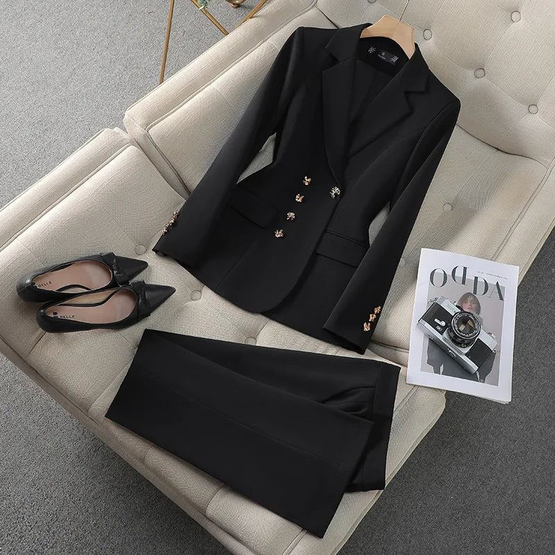 Elegant Women’s Business Suit Set – Tailored Blazer & Straight-Leg Pants 2 Piece Office Outfit | Professional Workwear Set for Women