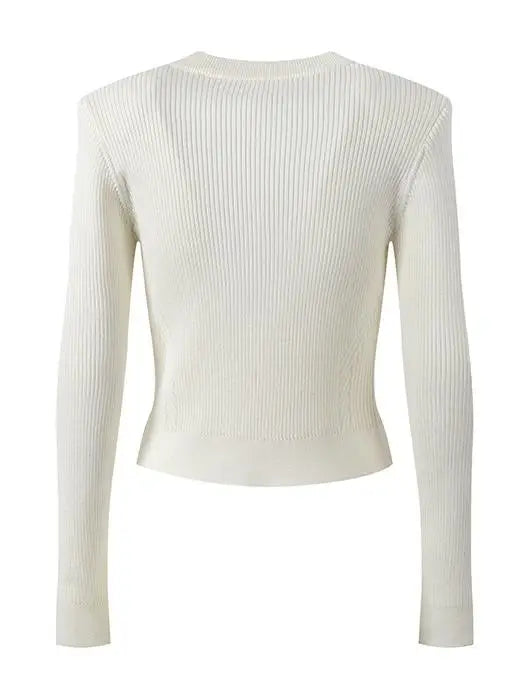 Vintage French Style V-neckline Long Sleeve Single-breasted Office Wear Women Solid Slim Fitted Knit Cardigan.