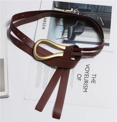Luxury Sculpted Gold Buckle Waist Belt for Women | Adjustable Leather Belt in Red & Brown
