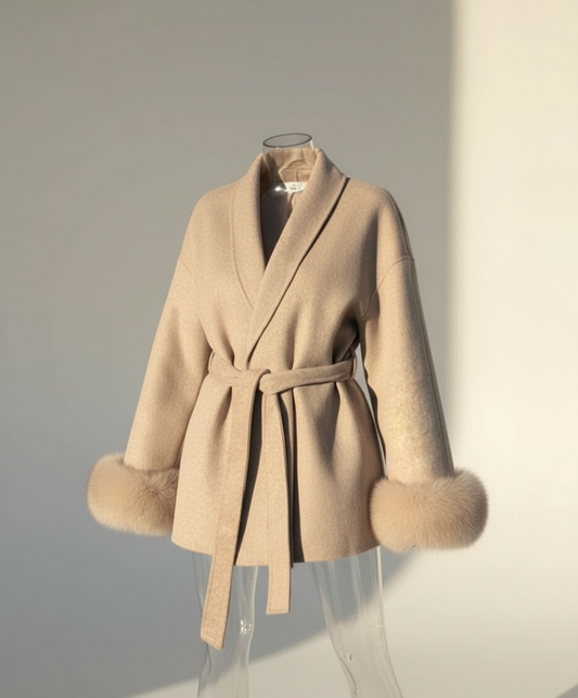 Elegant Lace-Up Woolen Short Coat for Women – Solid Loose Lapel Jacket with Furry Belt, Long Sleeve Chic Cardigan (Autumn Winter 2025)