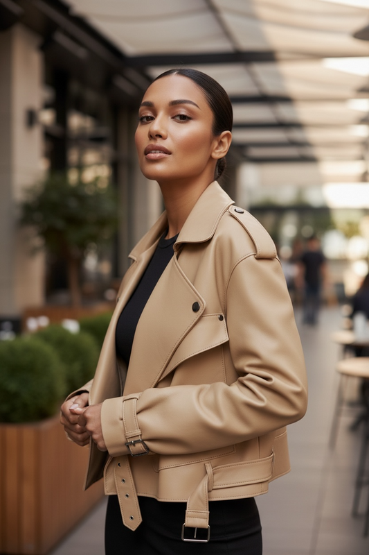 Luxury Oversized Sheepskin Moto Jacket – Cropped Structured Biker Coat for Women (Red, Black, Ivory, Emerald Green, Blush Pink, Camel)