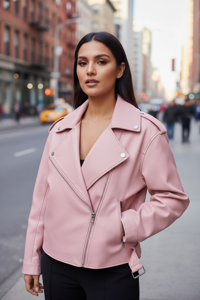 Luxury Oversized Sheepskin Moto Jacket – Cropped Structured Biker Coat for Women (Red, Black, Ivory, Emerald Green, Blush Pink, Camel)