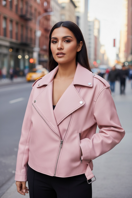 Luxury Oversized Sheepskin Moto Jacket – Cropped Structured Biker Coat for Women (Red, Black, Ivory, Emerald Green, Blush Pink, Camel)