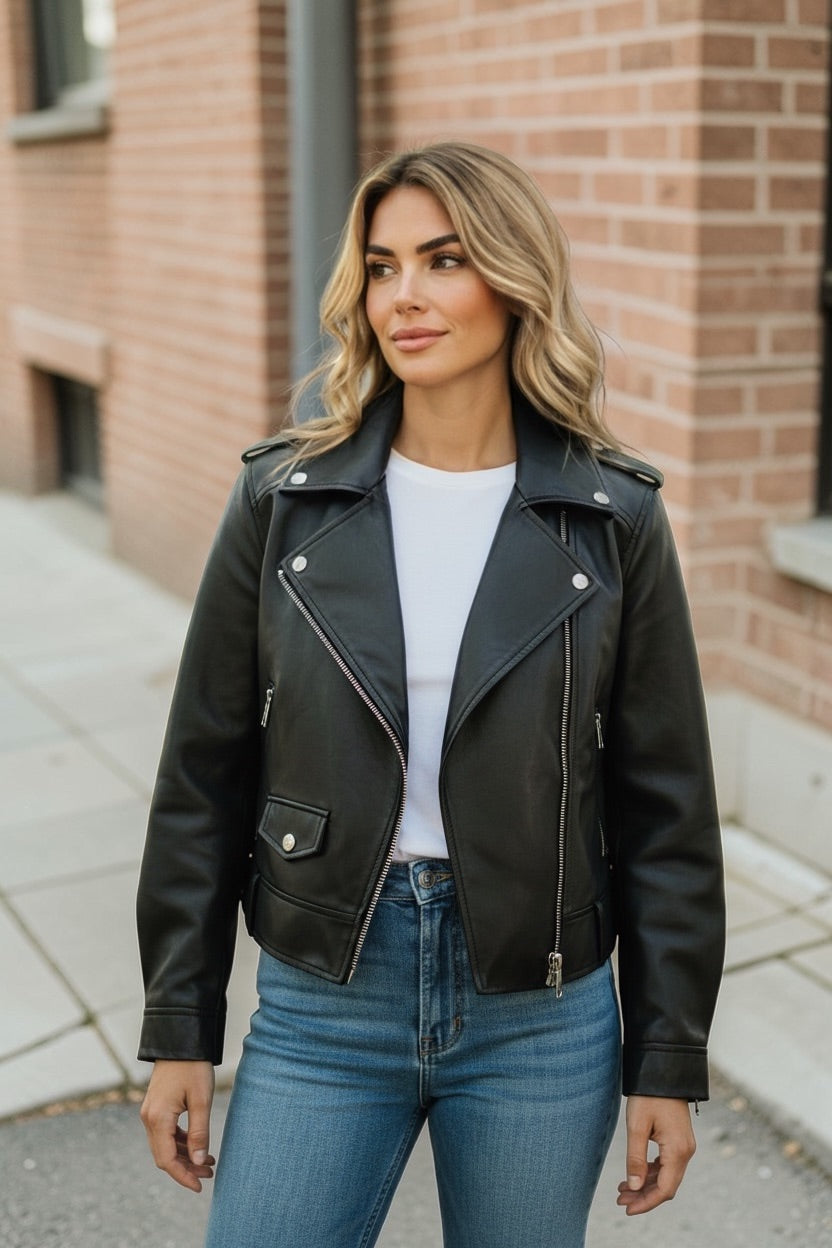 Luxury Oversized Sheepskin Moto Jacket – Cropped Structured Biker Coat for Women (Red, Black, Ivory, Emerald Green, Blush Pink, Camel)