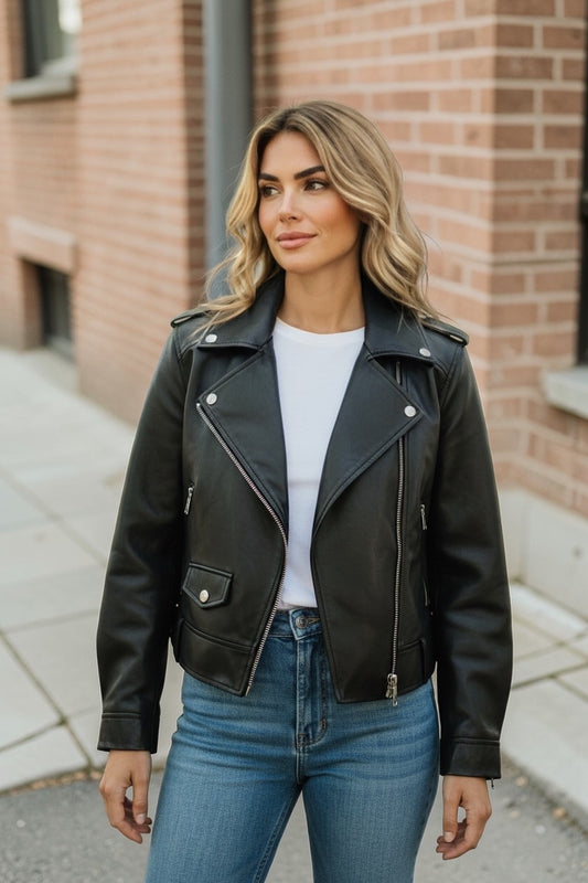 Luxury Oversized Sheepskin Moto Jacket – Cropped Structured Biker Coat for Women (Red, Black, Ivory, Emerald Green, Blush Pink, Camel)