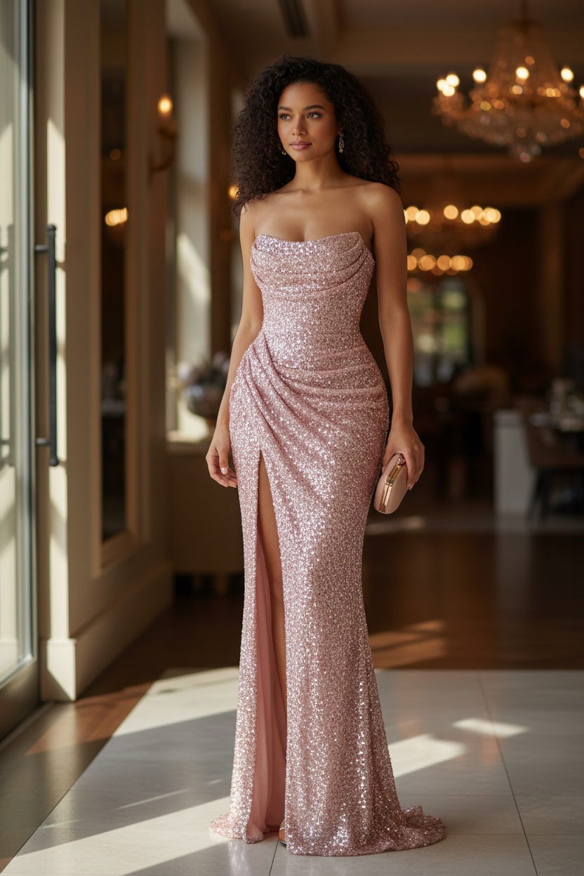 Rose Pink Glitter Mermaid Evening Dress with Side Split – Formal Wedding & Party Gown|Formal Dress Side Split Party Dress For Wedding Pleat Sleeveless Floor length Dress.