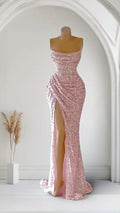 Rose Pink Glitter Mermaid Evening Dress with Side Split – Formal Wedding & Party Gown|Formal Dress Side Split Party Dress For Wedding Pleat Sleeveless Floor length Dress.