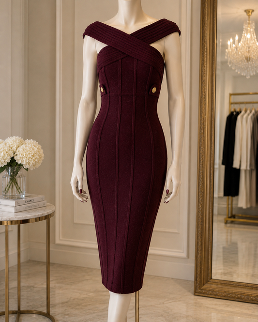 The Celeste Sculpted Cross-Neck Midi Dress