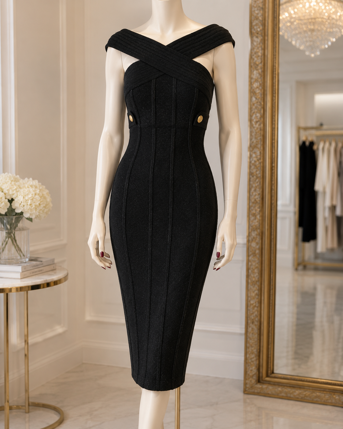 The Celeste Sculpted Cross-Neck Midi Dress